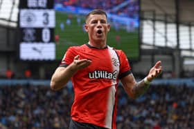 Ross Barkley celebrates scoring for the Hatters at Manchester City on Saturday - pic: DARREN STAPLES/AFP via Getty Images