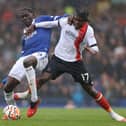 Pelly Ruddock Mpanzu battles for possession with Amadou Onana at Goodison Park - pic: George Wood/Getty Images