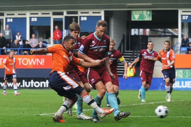 Andre Gray shoots for goal during his time at Luton Town - pic: Hatters Heritage