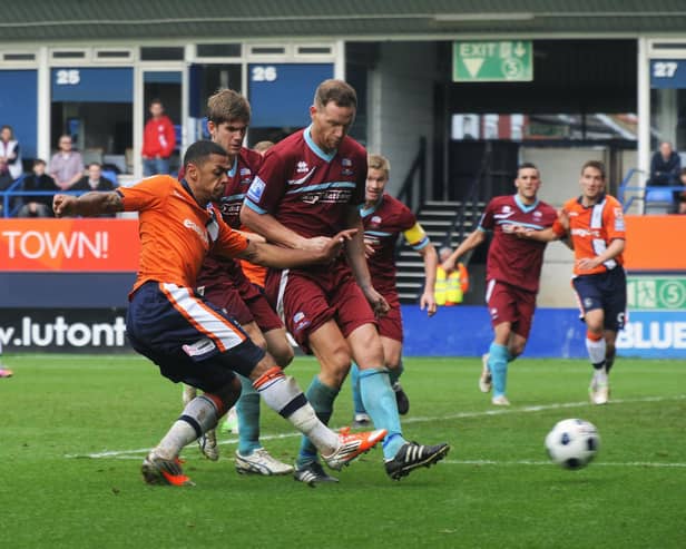 Andre Gray shoots for goal during his time at Luton Town - pic: Hatters Heritage
