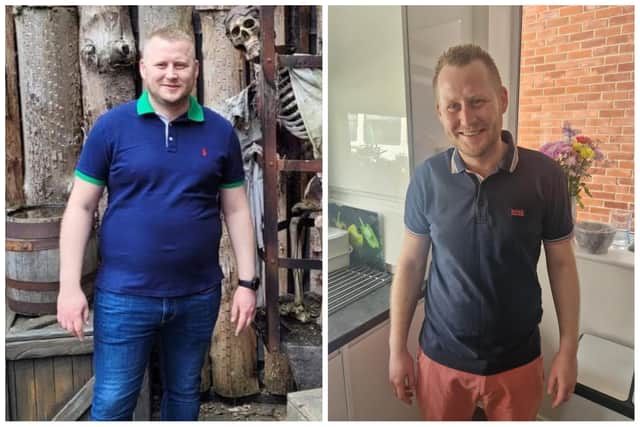 Left: Dean Atkins before starting on his MAN v FAT journey and right, a year after joining the programme.