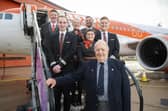 Fred Rivett, the Captain of easyJet's first flight on 10th Nov 1995, and Pilot Captain Jamie Smart and operating crew at the easyJet 30th birthday celebrations at London Luton Airport. Picture: Will Ireland/PinPep