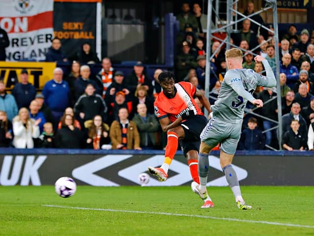 Elijah Adebayo draws the Hatters level against Everton this evening - pic: Liam Smith