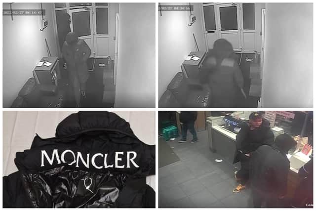 Clockwise from top left: Brown and Affia coming into the flat; Affia leaving the flat with the knife; Affia and Brown in KFC; the coat that helped identify Affia