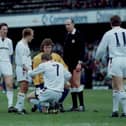 Lars Elstrup gets to his feet after scoring for Luton in a 3-3 draw at Stamford Bridge in April 1991 - pic: Hatters Heritage