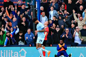 Cauley Woodrow celebrates Luton's 2-1 win over AFC Bournemouth on Saturday - pic: Liam Smith