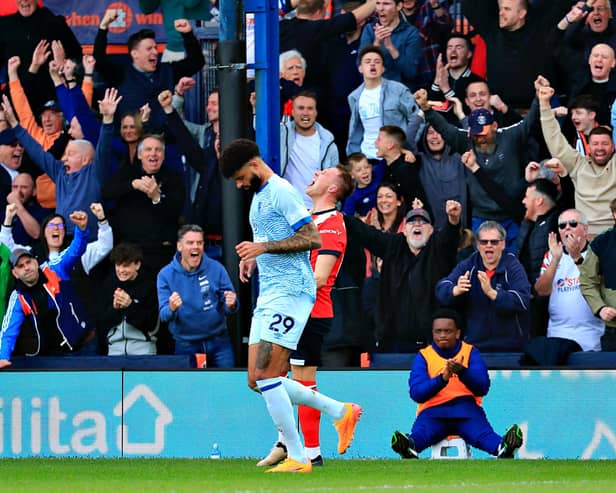Cauley Woodrow celebrates Luton's 2-1 win over AFC Bournemouth on Saturday - pic: Liam Smith