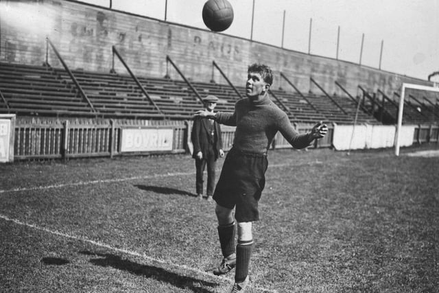 Arthur Roe puts in some heading practice in August 1922. He played 93 times for the Hatters, scoring once, between 1920 and 1925.