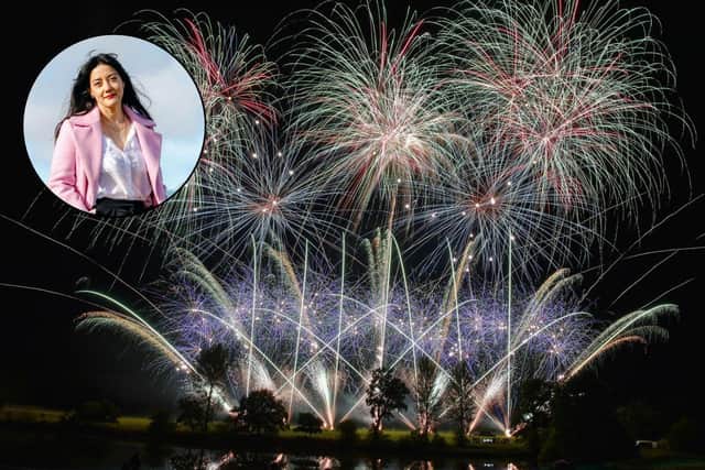 File photo of fireworks and inset, MP Sarah Owen