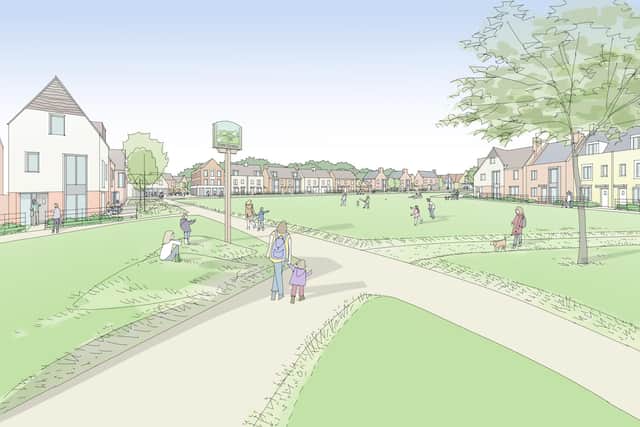 Illustrative image of a village green from the East of Luton Strategic Masterplan. Picture: Bloor Homes and The Crown Estate