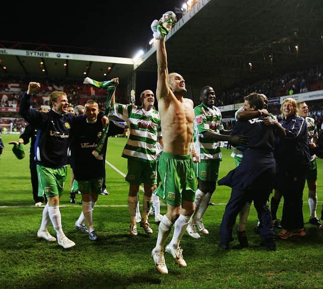 Nathan Jones celebrates a play-off win for Yeovil at Nottingham Forest back in May 2007