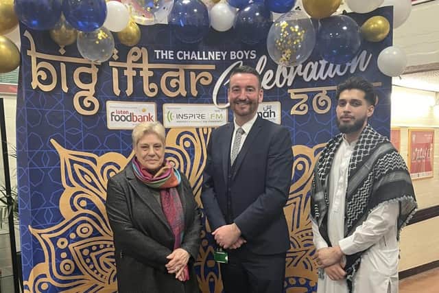 Luton Foodbank Chair Liz Stringer joined Challney Boys headteacher Mark Mailer at the school's iftar