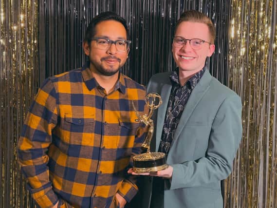 Luton-born Jordan Hogan (right) and the Emmy he won with photographer and editor colleague Manuel Rodriguez