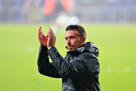 Luton boss Rob Edwards applauds the Hatters fans after beating Gillingham 3-2 in the Carabao Cup last night - pic: Liam Smith