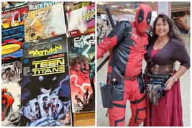Luton's Deadpool accompanied by LCC Community Manager, Shanaz Sawal. A large amount of comics and merchandise at the 2023 Comic Con