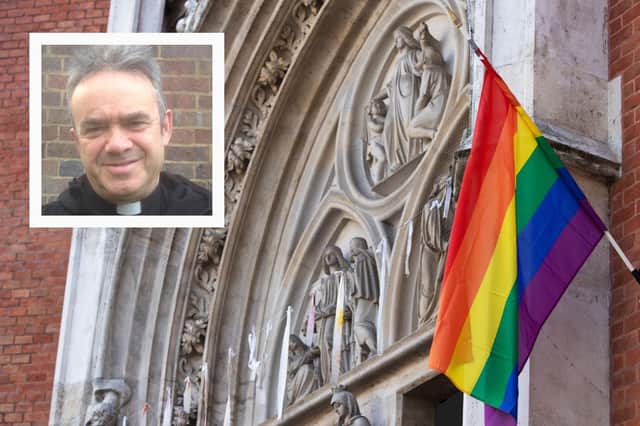 Rev. Canon David Kesterton (inset), with a pride flag outside a church. Picture: David Kesterton and ALEX HALADA/AFP via Getty Images