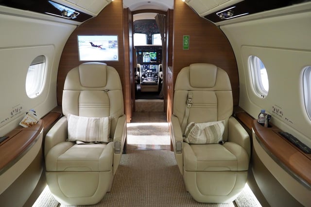 Inside one of the private business jets. Swanky, right?