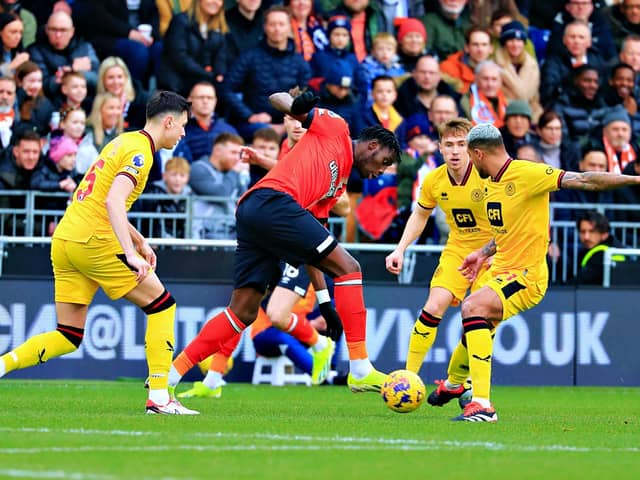 Elijah Adebayo is crowded out against Sheffield United on Saturday - pic: Liam Smith