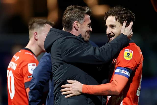 Luton boss Rob Edwards celebrates the Hatters' win at QPR with Tom Lockyer last season - pic: Warren Little/Getty Images