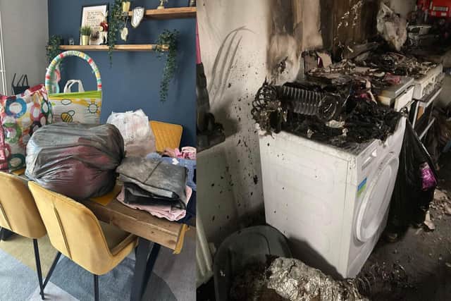 Left: The donations for the couple, right: the kitchen ravaged by the fire