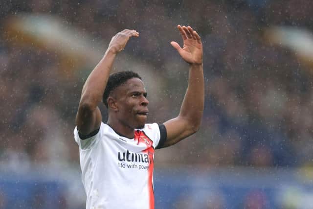 Town attacker Chiedozie Ogbene gets the Luton fans going at Everton - pic: George Wood/Getty Images