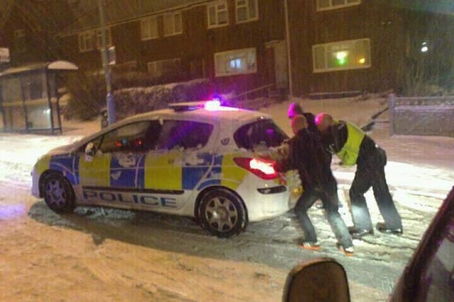 Even a police car needed a hand or two to cope with the snow in Chesterfield in 2012.