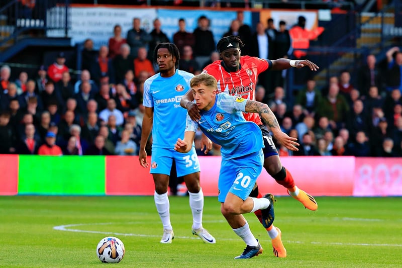 Elijah Adebayo looks to win the ball back against Sunderland