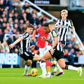 Elijah Adebayo goes on a marauding run through the Newcastle midfield - pic: Liam Smith