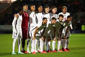 Cody Drameh lines up with the England U20 side ahead of their match against Italy in October 2021
