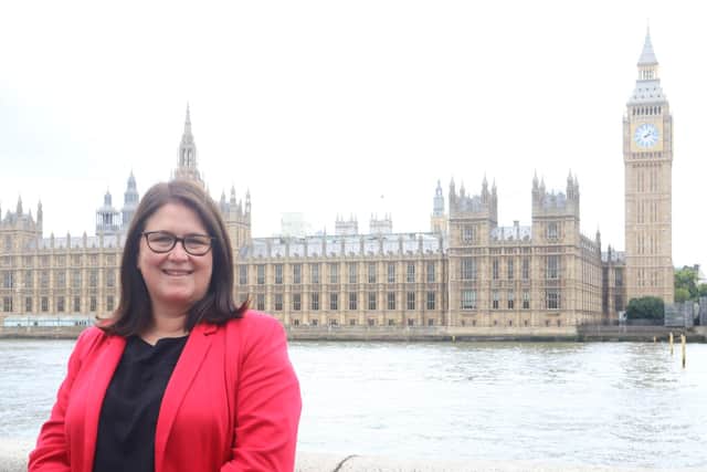 Luton South MP Rachel Hopkins stands outside of Parliament