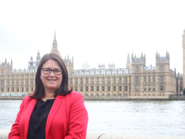 Luton South MP Rachel Hopkins stands outside of Parliament