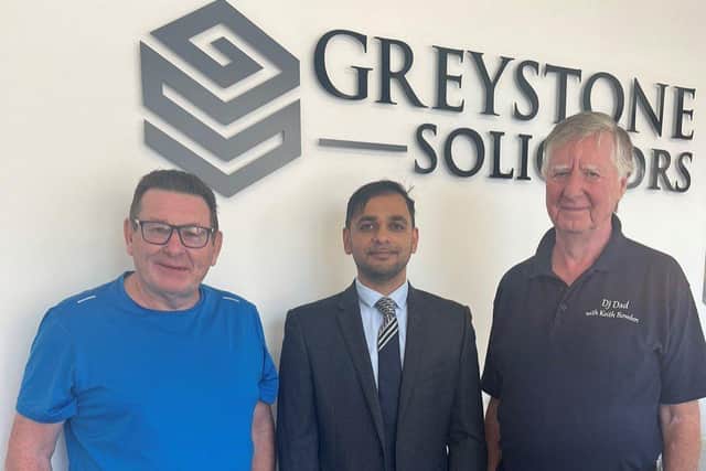 Director of Greystone Solicitors with L&amp;D Radio host Keith Bowden and the manager Glyn Davies 