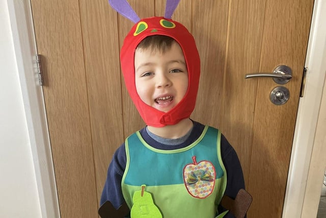 Joshua, aged four,  dressed up as the Very Hungry Caterpillar