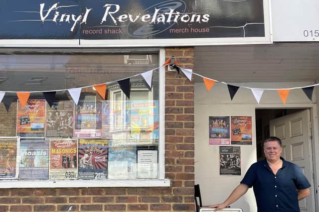 Vinyl Rev owner Andy Chesham outside his iconic Vinyl Revelation shop in Luton's Cheapside. Its 30th anniversary will be celebrated on May  with a big bash at The Hat Factory