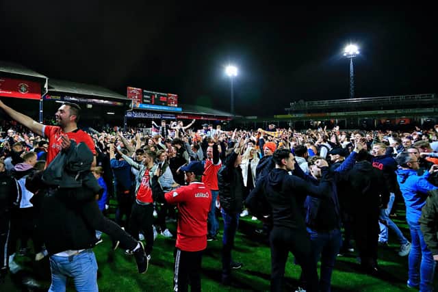 Luton's fans celebrate Town's play--off victory over Sunderland last season - pic: Liam Smith