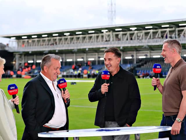 Gary Neville and Jamie Carragher chat with Luton CEO Gary Sweet before the game - pic: Liam Smith