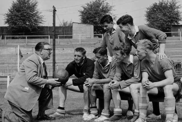 Former Luton and Watford boss Neil McBain talks tactics in 1957