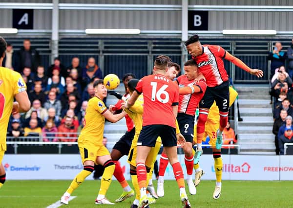 Gabe Osho saw this header fly wide for Luton on Saturday - pic: Liam Smith
