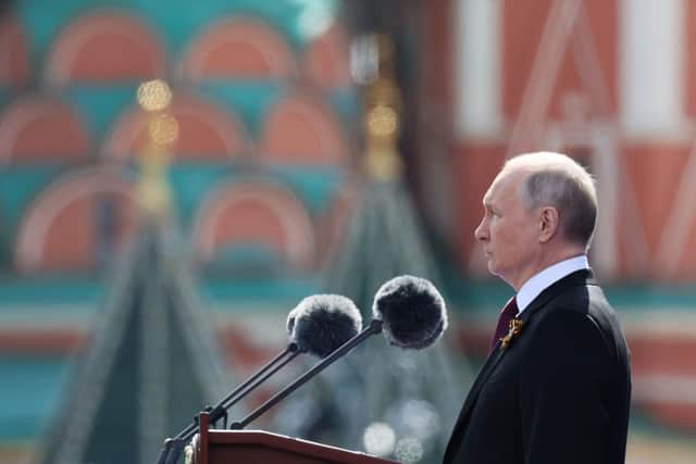 Russian President Vladimir Putin gives a speech during the Victory Day military parade at Red Square in central Moscow.