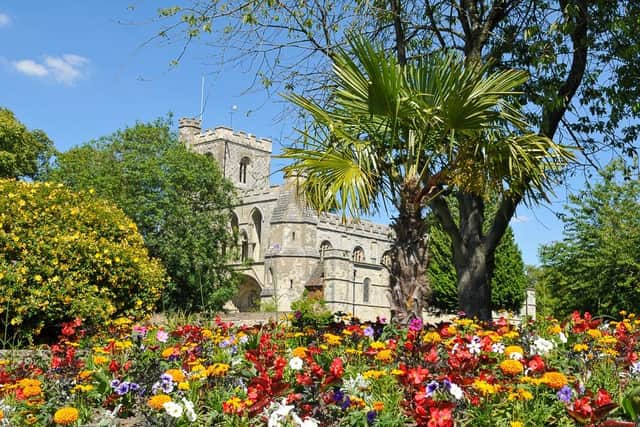 Dunstable's historic church seen through an imaginative display of flowers and shrubs
Pic: John Chatterley