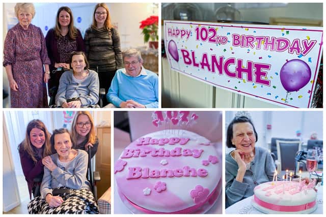 Clockwise from top left: Pam, Blanche, Laura, Holly & Raymond; Blanche's banner; Blanche enjoys her birthday cake; a close up of the cake; Holly, Blanche & Laura Fromenton