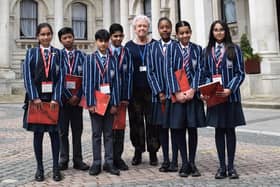 Pupils from Moorlands Grammar School with Gill Bennett after their Foreign Office visit