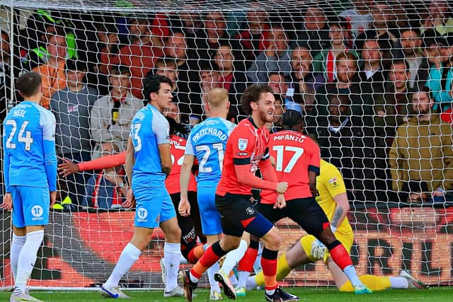 Tom Lockyer celebrates Luton's opening goal against Sunderland in the play-off semi-final second leg