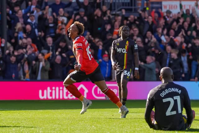 Jacob Brown wheels away after making it 3-0 to Luton against Watford - pic: David Horn / PRiME Media Images