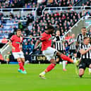 Elijah Adebayo scores Luton's fourth goal at Newcastle United - pic: Liam Smith