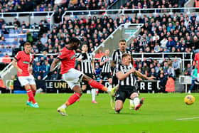 Elijah Adebayo scores Luton's fourth goal at Newcastle United - pic: Liam Smith