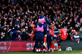 Luton's players rejoice at Allan Campbell making it 2-0 on Saturday