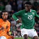 Chiedozie Ogbene battles for possession with Nathan Ake during the Republic of Ireland's 2-1 defeat to the Netherlands - pic: Charles McQuillan/Getty Images