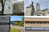 Clockwise from top left: Bedford Borough Council, Luton Town Hall, Milton Keynes Council and Central Bedfordshire Council
