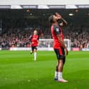 Nahki Wells celebrates putting Luton 1-0 ahead against Leicester on Saturday - pic: David Horn / PRiME Media Images